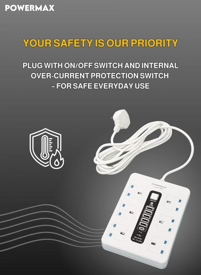 Powermax 12-in-1 Power Strip Extension Cable – Equipped with 6 AC outlets, 5 USB ports, and 1 PD Type-C port. The 5-meter heavy-duty extension cable supports up to 2500W (110V–220V), providing a durable, secure, and versatile solution for powering and charging your electronics , 6 X 6 2300 W Socket  Protector Power Strips, 6 USB Ports, 1 PD Power Port For office charging, new generation of electronics ,5 Meter  White - Image 3