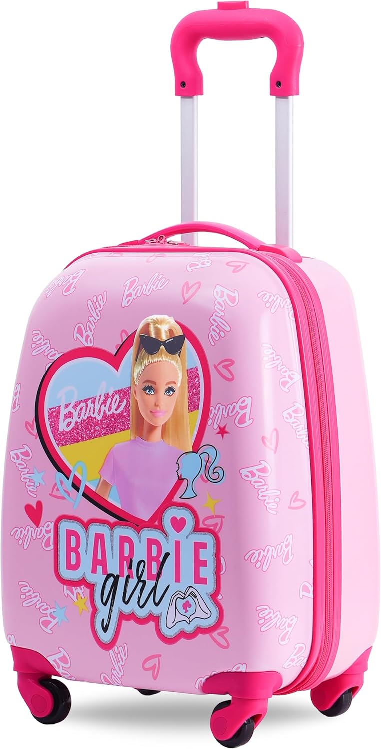 ترو كير حقيبة سفر للأطفال مرخصة من باربي، مقاس 18 بوصة، مزودة بملصقات قابلة لإعادة الاستخدام، وحقيبة سفر محمولة بأربع عجلات، وعربة خفيفة الوزن للأطفال الصغار، وهيكل متين من مادة ABS، وسحاب مضاد للسرقة، ومقبض تلسكوبي. - Image 1
