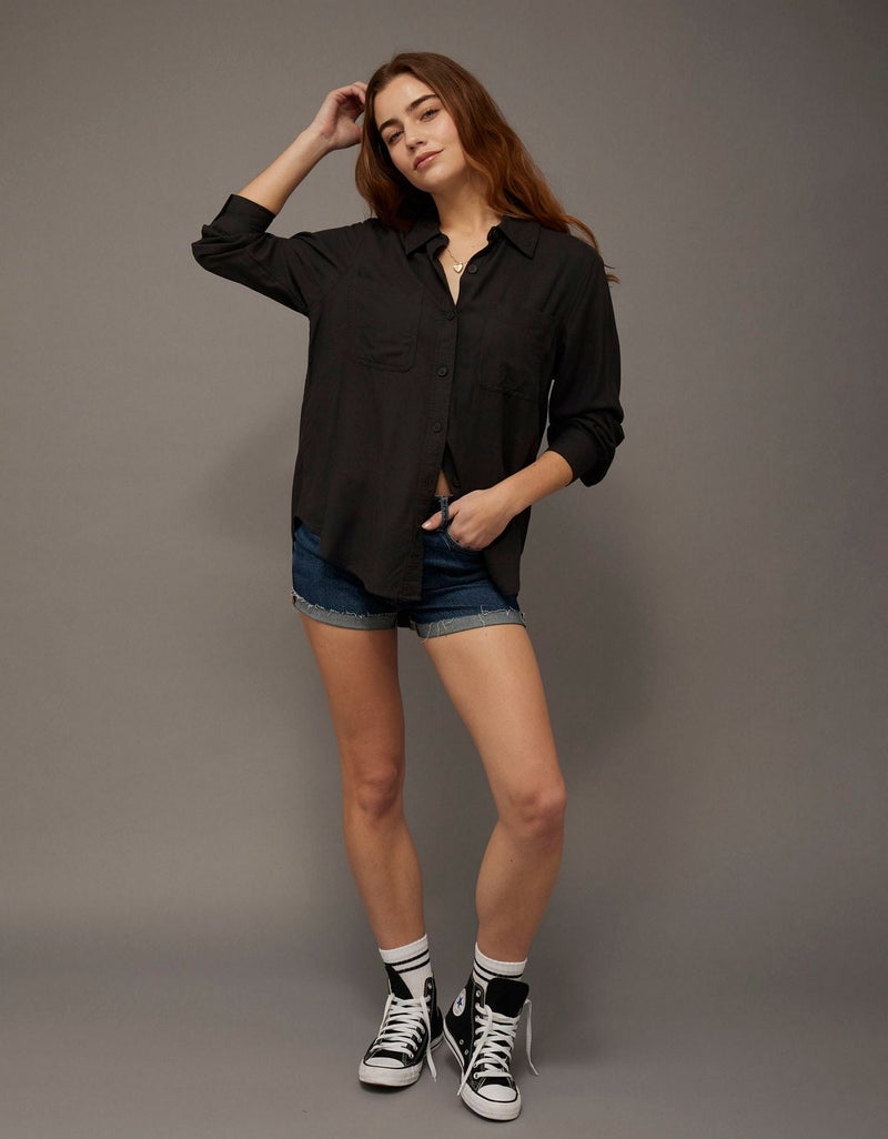 American Eagle AE Bestie Long-Sleeve Button-Up Shirt - Image 1