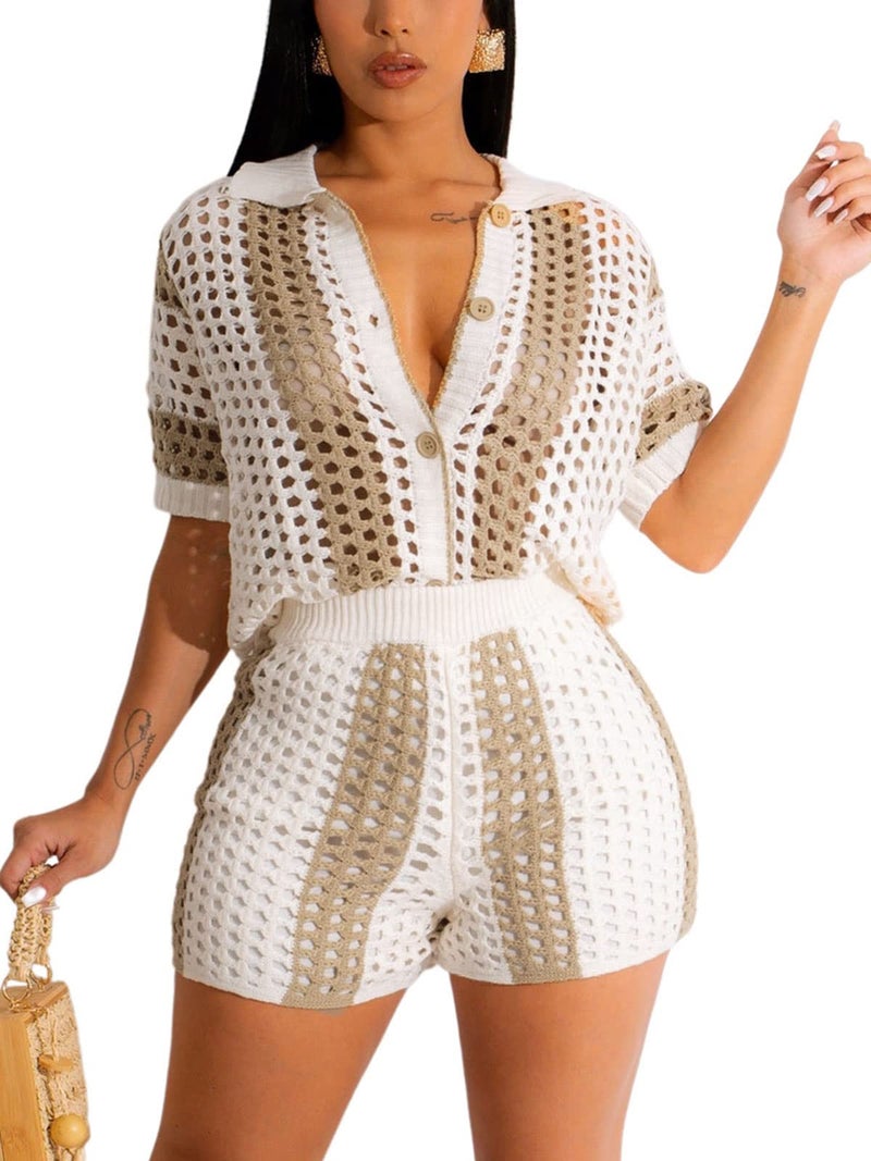 KANSOON Summer Two Piece Outfit Women Crochet Short Set Knit Button-Down Shirt and Shorts Tracksuits Khaki L - Image 1