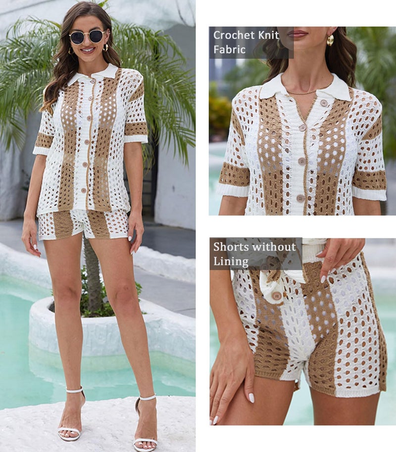 KANSOON Summer Two Piece Outfit Women Crochet Short Set Knit Button-Down Shirt and Shorts Tracksuits Khaki L - Image 2