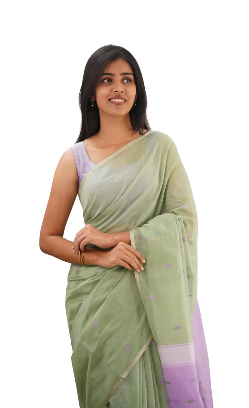 C J Enterprise Women's Banarasi Pure Kanjivaram Silk Saree Cotton Spun Saree for Wedding Soft Design Wear Sarees Latest Sari With Blouse Piece new ladies 2025 (Cotton Lavender) (Olive-Green_Lavender) - Image 1