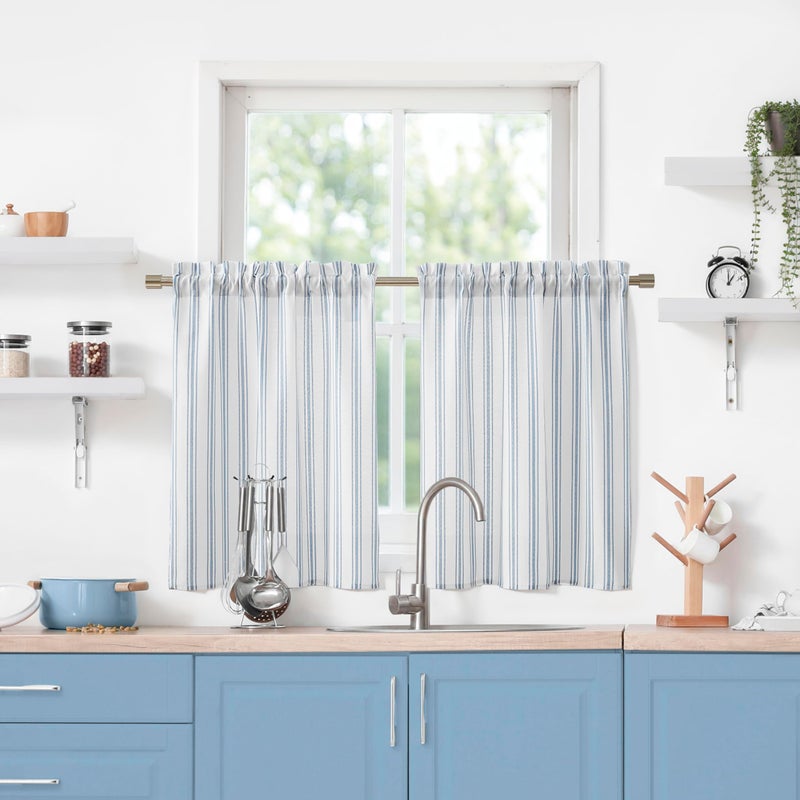 ZJDECOR White Farmhouse Kitchen Curtains, Cotton Blend Tiered Curtain with Blue Stripes, Light Filtering, Country Cafe Curtains for Kitchen, Bathroom, RV, Window, Rod Pocket, 27" W x - Image 1
