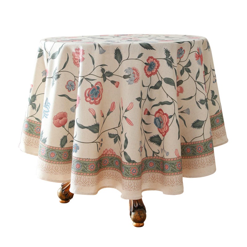 ISAENNE Designer Chinoiserie Linen Floral Round Tablecloth,White Wrinkle Resistant Table Cloth,Elegant Decor Tablecloths for Dining Thanksgiving Kitchen Party Christmas,Diameter 67"-Daffy - Image 1