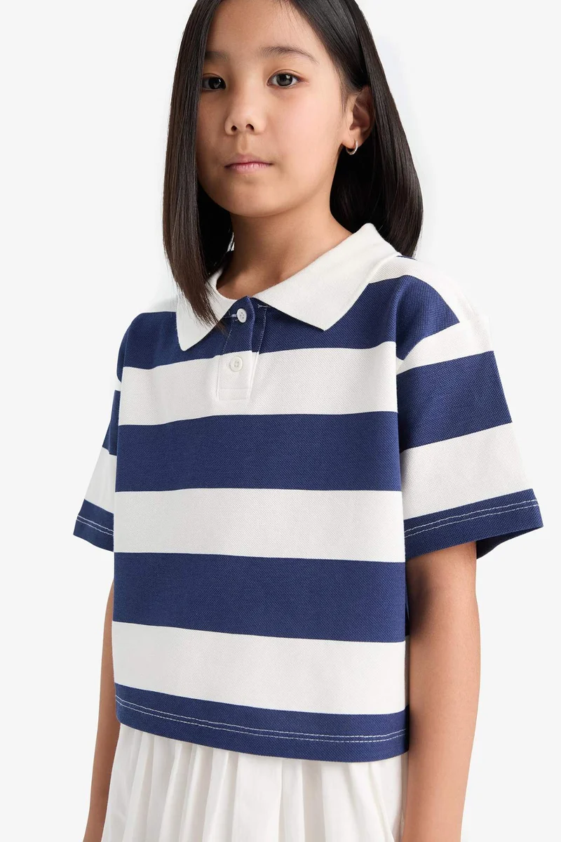 ديفاكتو Girl Relax Fit Short Sleeve Striped Polo Shirt