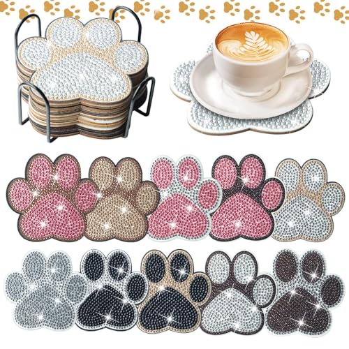 YLOLUL 10 Pcs Dog Paw Shaped Diamond Painting Coasters Kits Cat Pet DIY with Holder for Beginners Adults and Kids Art Craft Supplies Gift… - Image 1