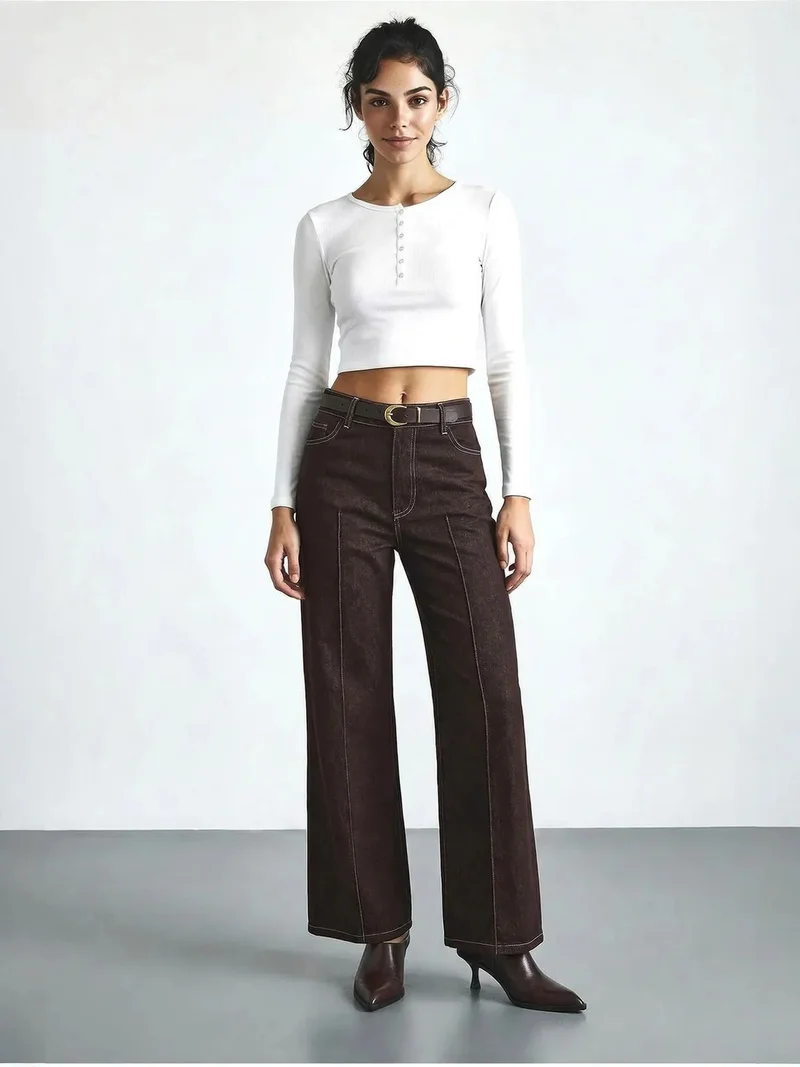 Bianco Lucci LUCCI High Waist Wide Leg Denim Trousers with Belt