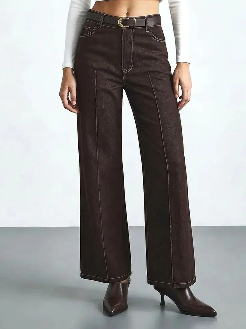 Bianco Lucci LUCCI High Waist Wide Leg Denim Trousers with Belt