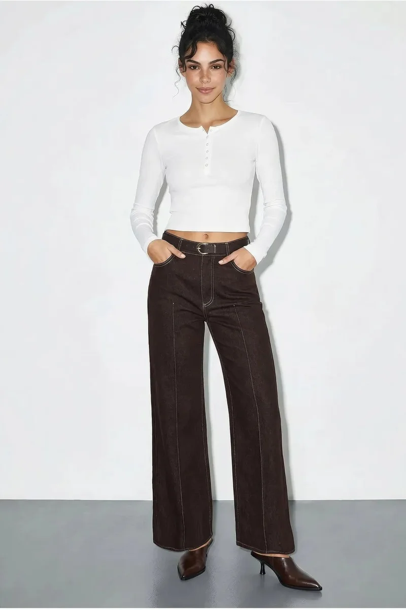 بيانكو لوتشي LUCCI High Waist Wide Leg Denim Trousers with Belt