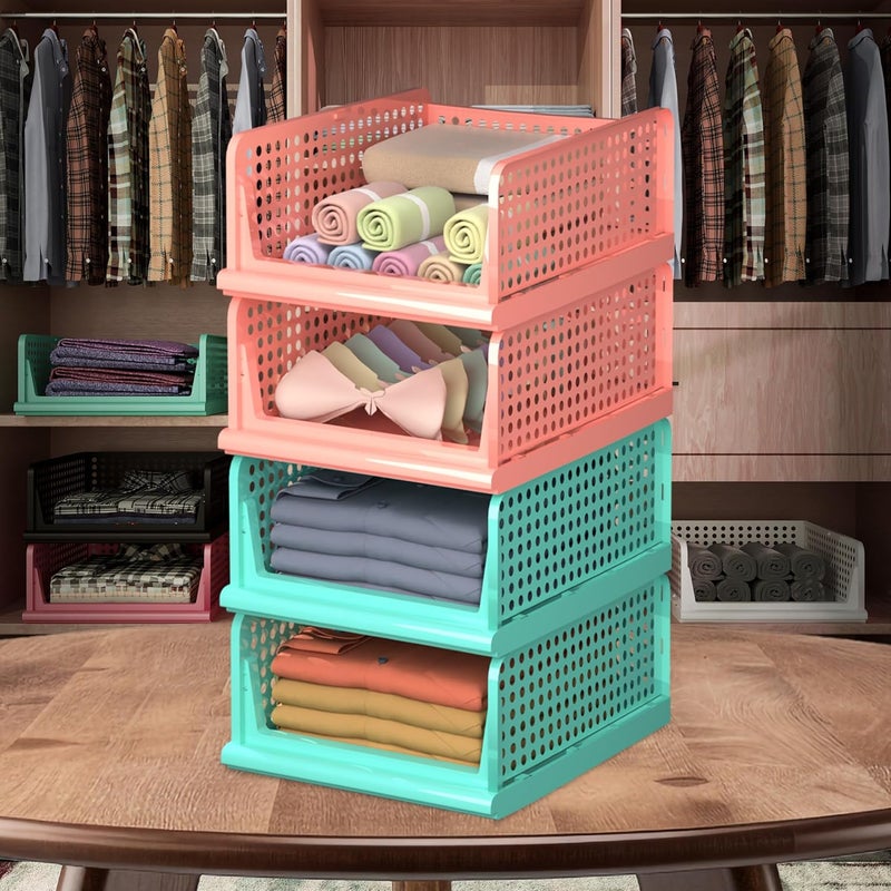 Kuber Industries Pack of 4 Foldable Cupboard Organizer For Clothes Stackable Organizer For Wardrobe For Shirt T shirt Plastic Cupboard Dress Racks For Clothes Storage Peach and Pista Green - Image 1