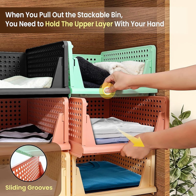 Kuber Industries Pack of 4 Foldable Cupboard Organizer For Clothes Stackable Organizer For Wardrobe For Shirt T shirt Plastic Cupboard Dress Racks For Clothes Storage Peach and Pista Green - Image 4