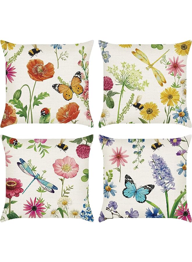 PROMASS Pillow Covers, Spring Wild Flower Cushion Covers, 18 x 18 Inch Garden Floral Butterfly Decorative Throw Pillow Covers, 4PCS Polyester Linen Pillow Case, for Sofa Garden Outdoor Home Decor  - Image 1