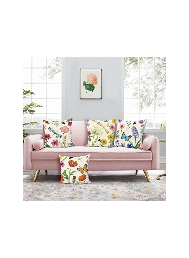 PROMASS Pillow Covers, Spring Wild Flower Cushion Covers, 18 x 18 Inch Garden Floral Butterfly Decorative Throw Pillow Covers, 4PCS Polyester Linen Pillow Case, for Sofa Garden Outdoor Home Decor  - Image 4