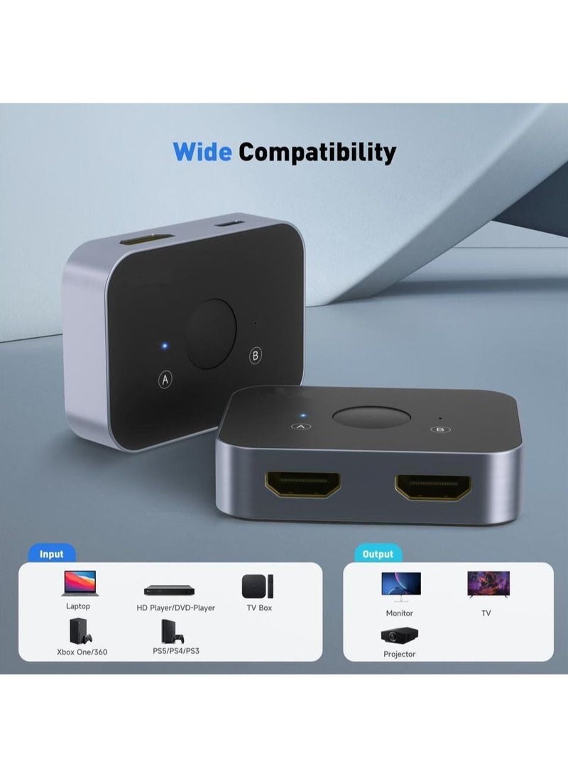 HDMI 2.1 Switch, 8K HDMI Switcher Splitter 2 in 1 Out, Support 4k@120Hz, 8k@60Hz, 48Gbps High Speed, Aluminum HDMI Selector Bi-Directional