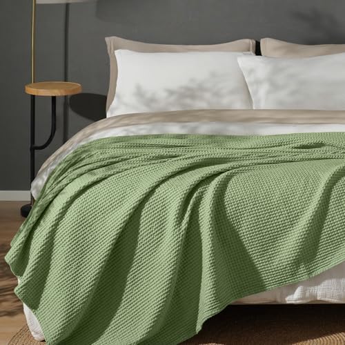 PHF PreWashed 100 Cotton Waffle Weave Blanket Queen Size for BedSnag Proof Throw Blanket for Couch Spring Summer Lightweight BreathableMachine Washable Home Decor Gift Loden Green - Image 1