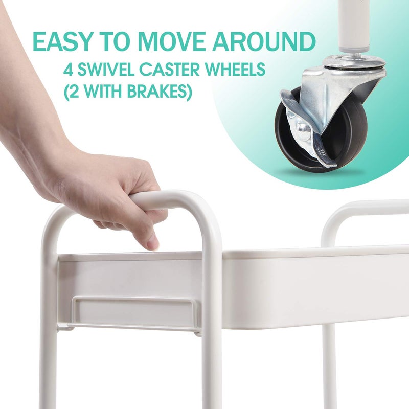 TOOLF 3-Tier Rolling Cart - Metal Utility Storage Organizer with Lockable Wheels, 33 lbs Per Shelf, Tool-Free 5-Min Assembly, for Kitchen Bathroom Office Nursery Craft Room, White - Image 3