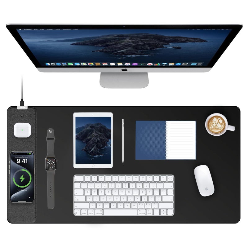 TopMade Mouse Pad with 15W Fast Wireless Charging, 31.5"x15.75" XXL Large Gaming Waterproof Desk Pad with Ultra-Smooth Surface, Non-Slip Base, Computer Desk Mat for MacBook, PC, Laptop, Black - Image 1