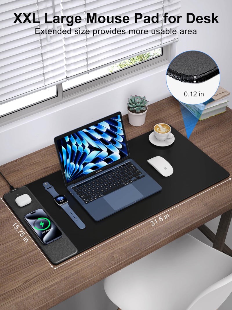 TopMade Mouse Pad with 15W Fast Wireless Charging, 31.5"x15.75" XXL Large Gaming Waterproof Desk Pad with Ultra-Smooth Surface, Non-Slip Base, Computer Desk Mat for MacBook, PC, Laptop, Black - Image 3