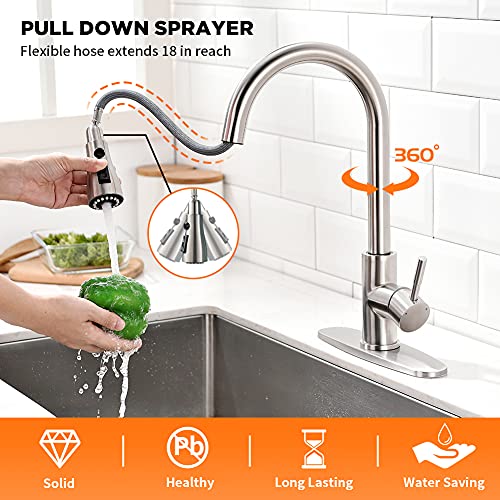 OWOFAN Brushed Nickel Kitchen Faucets with Pull Down Sprayer Kitchen Sink Faucet with Pull Out Sprayer Single Hole Deck Mount Single Handle Stainless Steel Grifos De Cocina 866068SN - Image 2