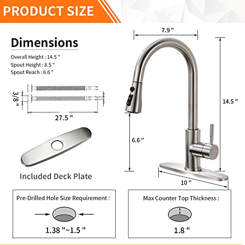 OWOFAN Brushed Nickel Kitchen Faucets with Pull Down Sprayer Kitchen Sink Faucet with Pull Out Sprayer Single Hole Deck Mount Single Handle Stainless Steel Grifos De Cocina 866068SN - Image 3