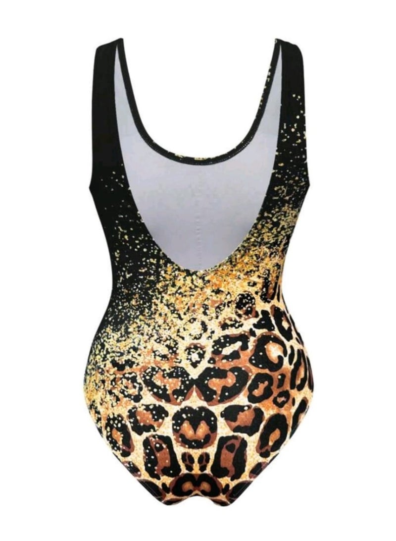 SHEIN Swim Women Fashionable Summer Beach  Low Back Leopard Print One-Piece Swimsuit