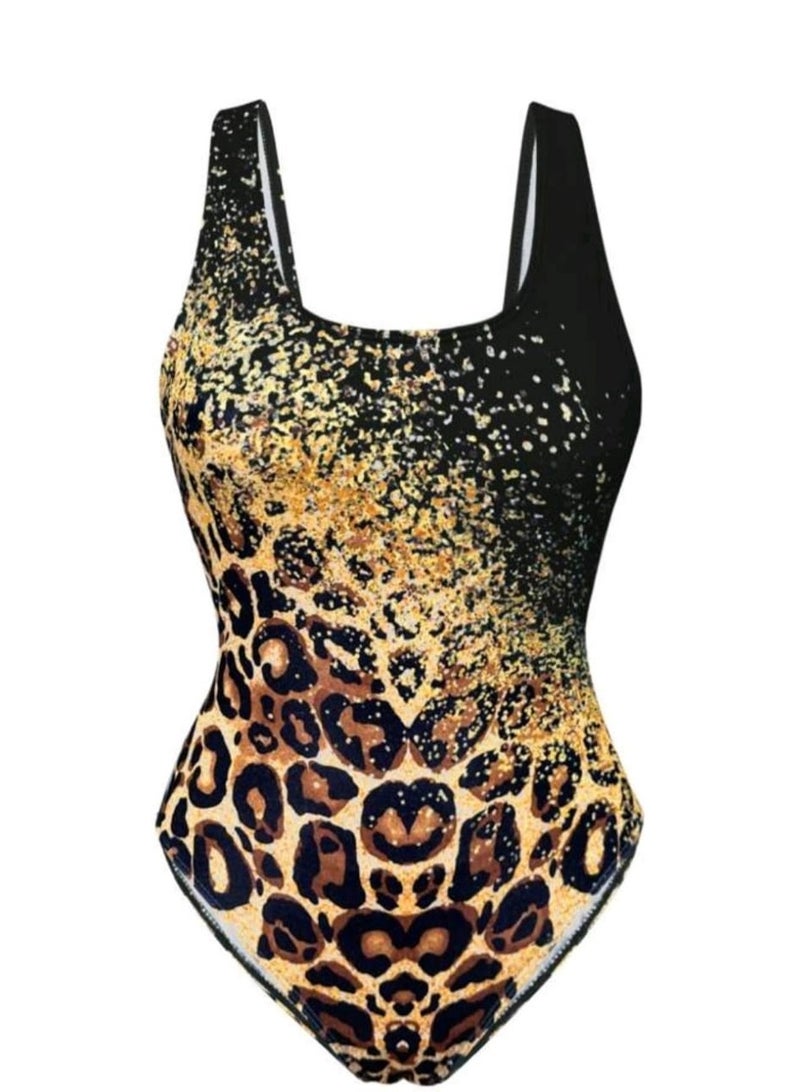 SHEIN Swim Women Fashionable Summer Beach  Low Back Leopard Print One-Piece Swimsuit