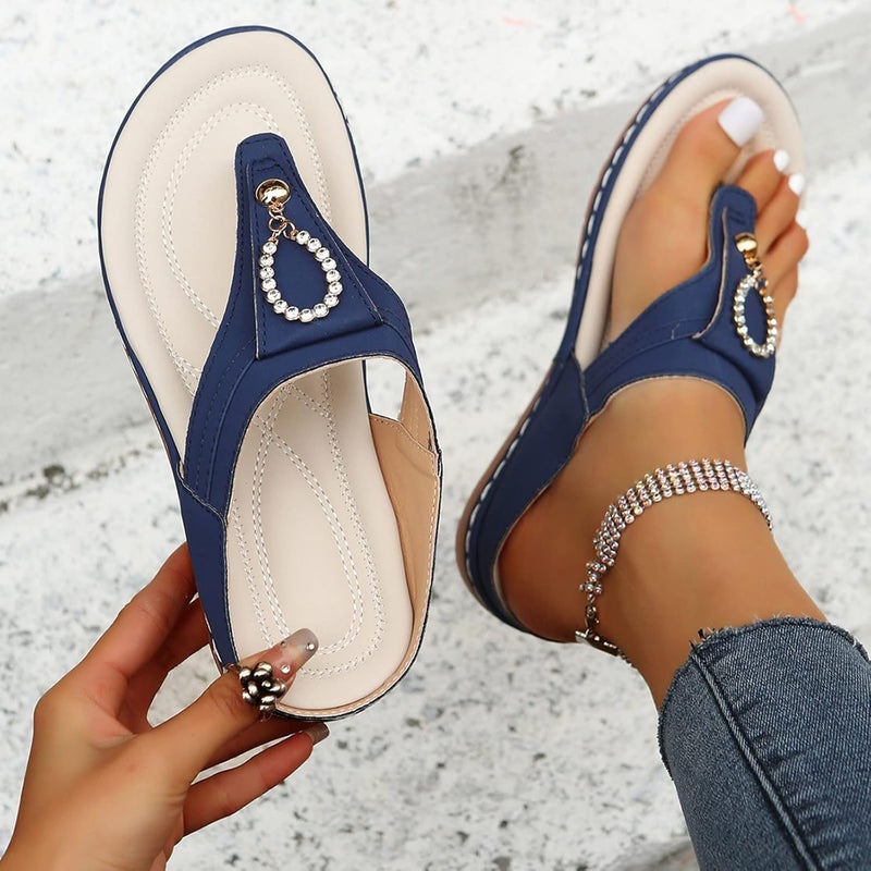 comfrt Ladies Toe-Post Thong Slippers Rhinestone Slippers Women's Round Head Outer Wear Solid Color Low-Heeled Flip-Flops - Image 2