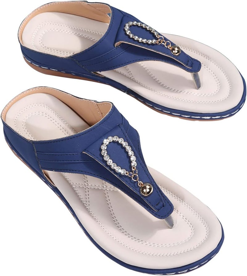 comfrt Ladies Toe-Post Thong Slippers Rhinestone Slippers Women's Round Head Outer Wear Solid Color Low-Heeled Flip-Flops - Image 1