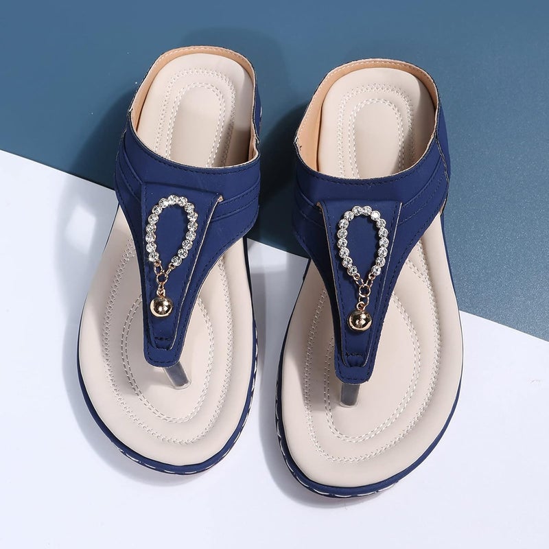 comfrt Ladies Toe-Post Thong Slippers Rhinestone Slippers Women's Round Head Outer Wear Solid Color Low-Heeled Flip-Flops - Image 5