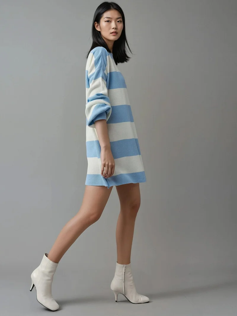 موضتي MY FASHION Striped Mini Dress with Crew Neck