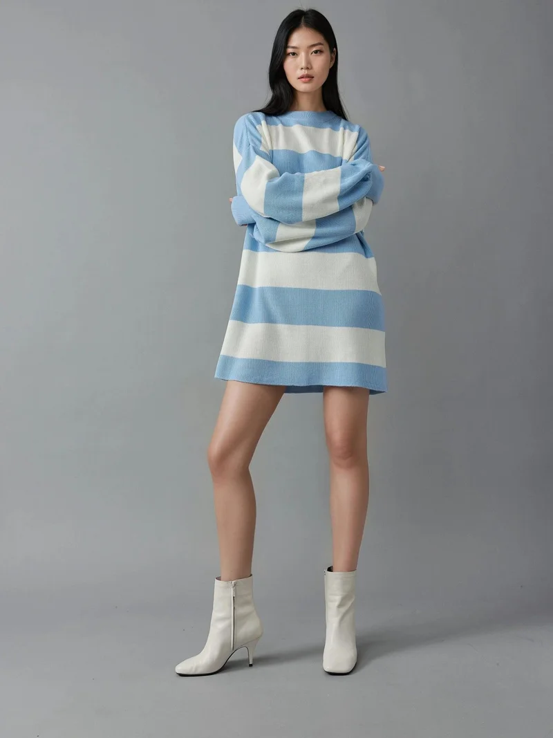 موضتي MY FASHION Striped Mini Dress with Crew Neck