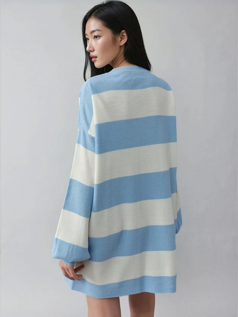 MY FASHION Blue MY FASHION Striped Mini Dress with Crew Neck for Women | Best Price UAE