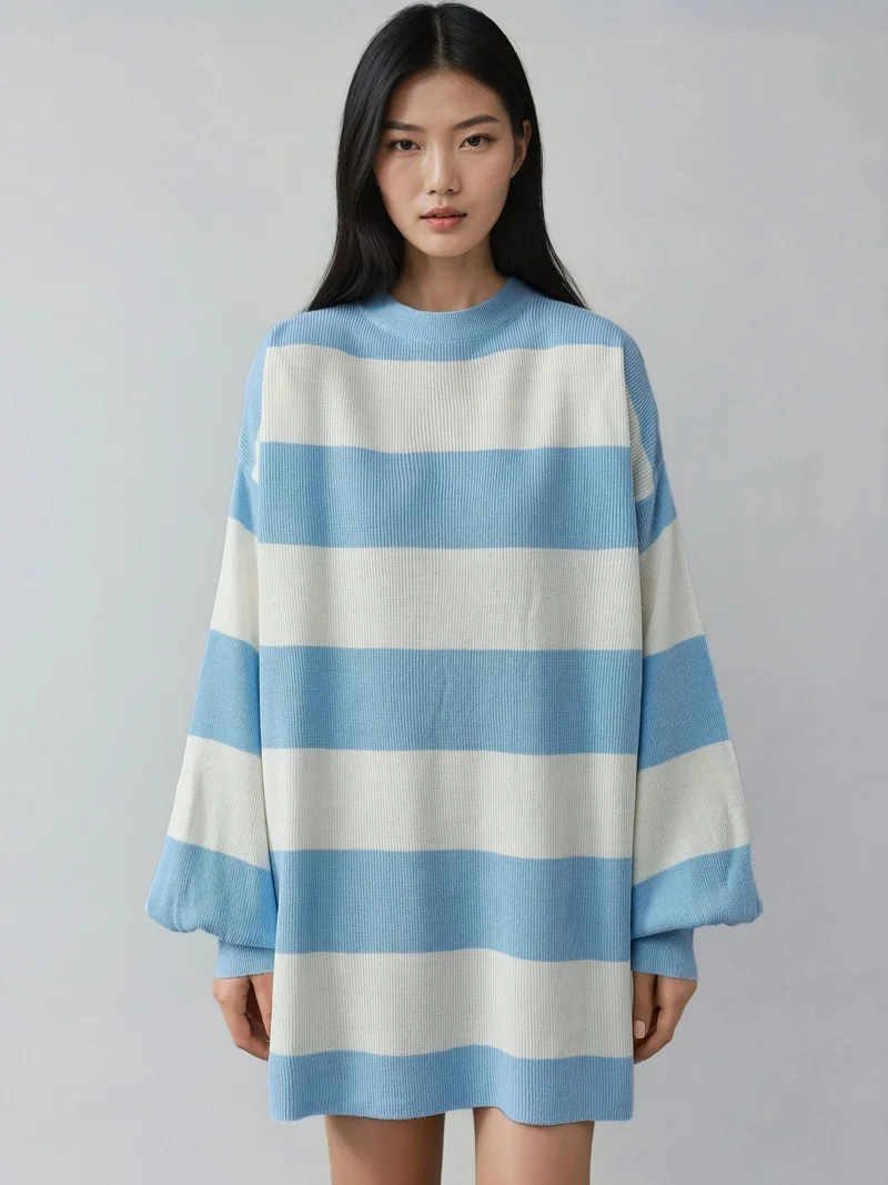 MY FASHION Blue MY FASHION Striped Mini Dress with Crew Neck for Women | Best Price UAE