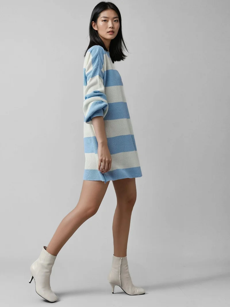 MY FASHION Blue MY FASHION Striped Mini Dress with Crew Neck for Women | Best Price UAE