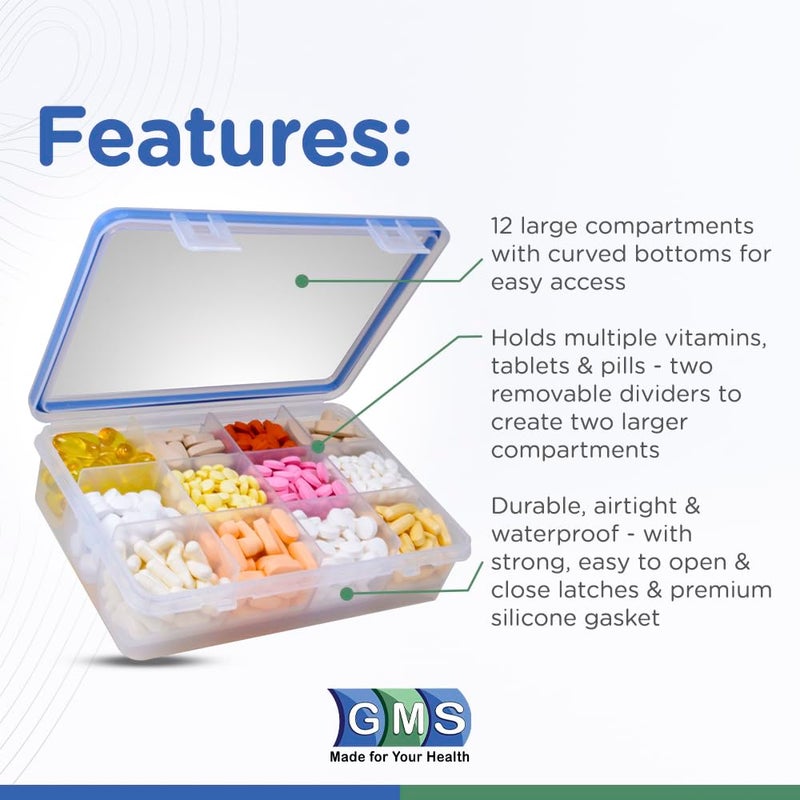 GMS 12 Compartment Vitamin Pill Organizer - Large Size Suitable for Multiple Supplements & Tablets - Safe, Secure Design with Easy Locking Lid - Medicine Cabinet Organizer & Ideal for Travel - Image 2