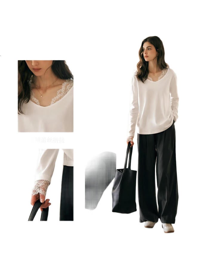 Olrain V-Neck T-Shirt For Women, Spring New French-Inspired Lace Long-Sleeve Top, White, Size S - Image 3