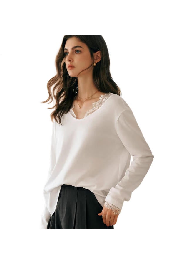 Olrain V-Neck T-Shirt For Women, Spring New French-Inspired Lace Long-Sleeve Top, White, Size S - Image 2