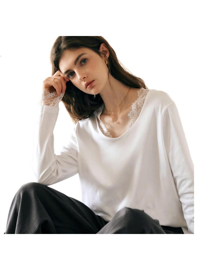 Olrain V-Neck T-Shirt For Women, Spring New French-Inspired Lace Long-Sleeve Top, White, Size S - Image 1