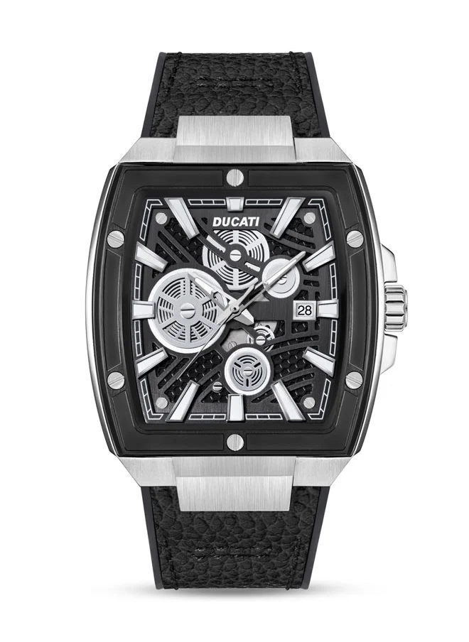 دوكاتي DT002 Men's Industrial Design 40mm Watch with Black Semi-Transparent Dial, Black Leather Strap with Silicon Base