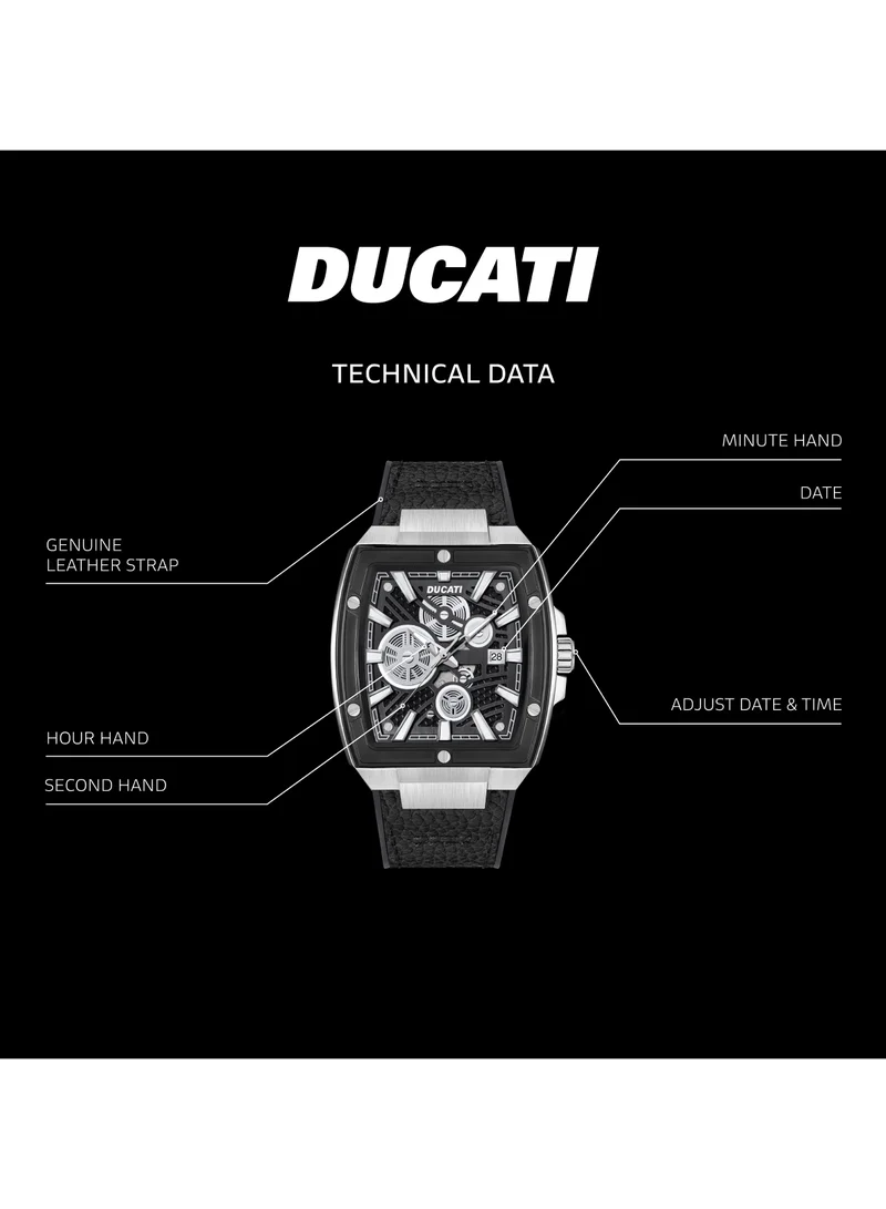 دوكاتي DT002 Men's Industrial Design 40mm Watch with Black Semi-Transparent Dial, Black Leather Strap with Silicon Base