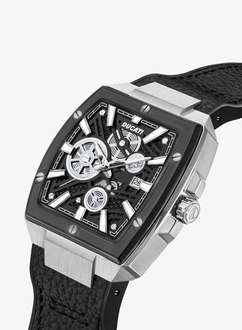 Ducati DT002 Men's Industrial Design 40mm Watch with Black Semi-Transparent Dial, Black Leather Strap with Silicon Base