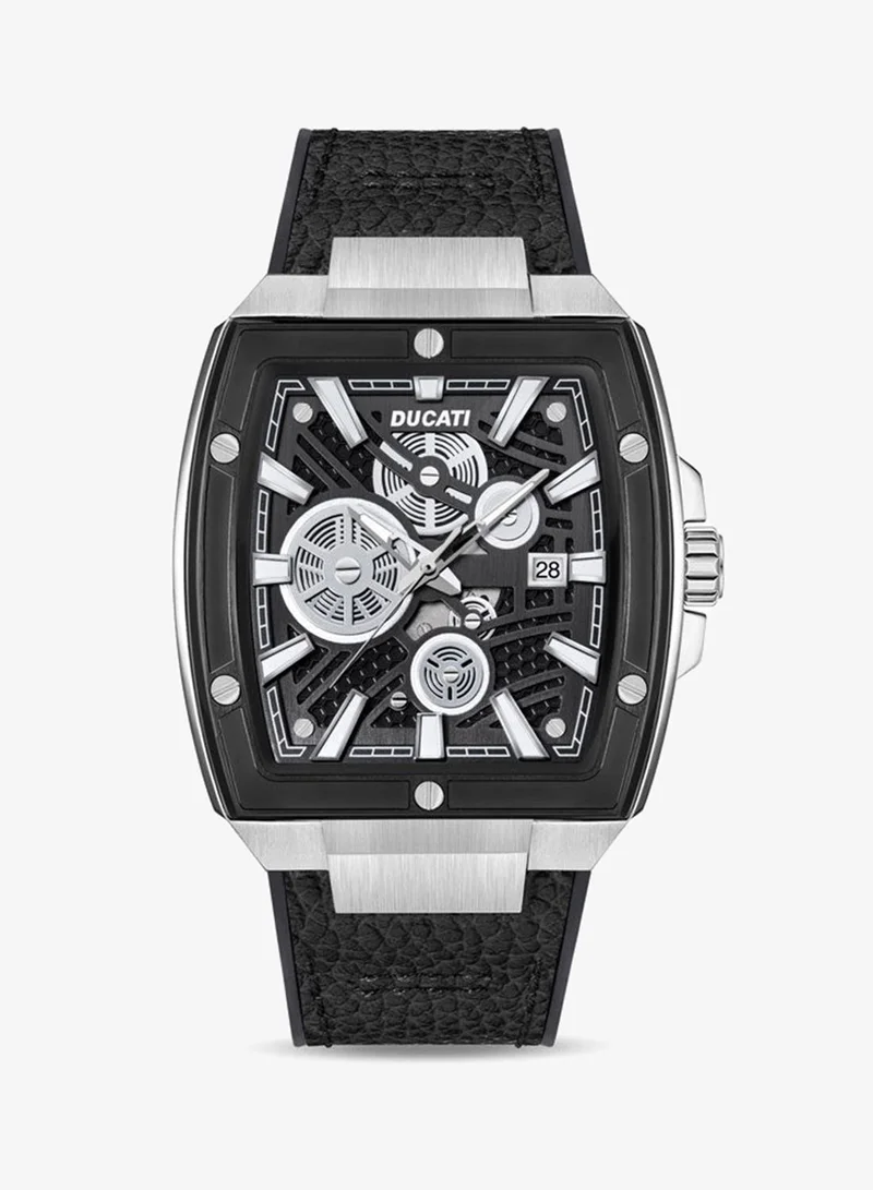 Ducati DT002 Men's Industrial Design 40mm Watch with Black Semi-Transparent Dial, Black Leather Strap with Silicon Base