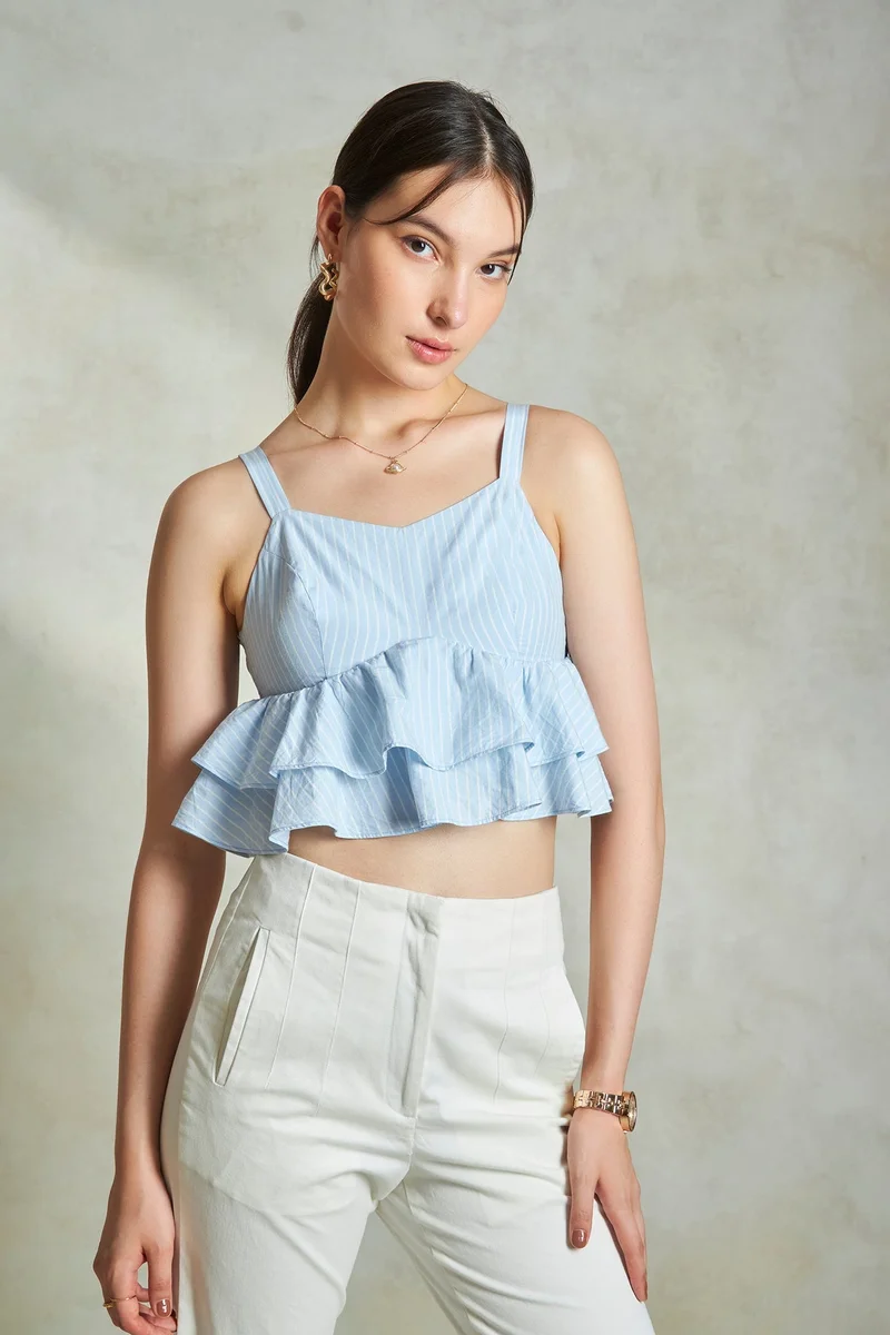 فيرجيو Stripes Cotton Striped Frill Hemcami Top for Women