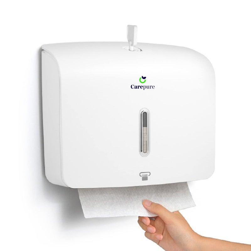 Carepure Wall Mounted Multi Fold Tissue Paper Holder Dispenser | M Fold Tissue Holder Dispenser | Free with 2 Packet of Multi fold Tissue - White - Image 1