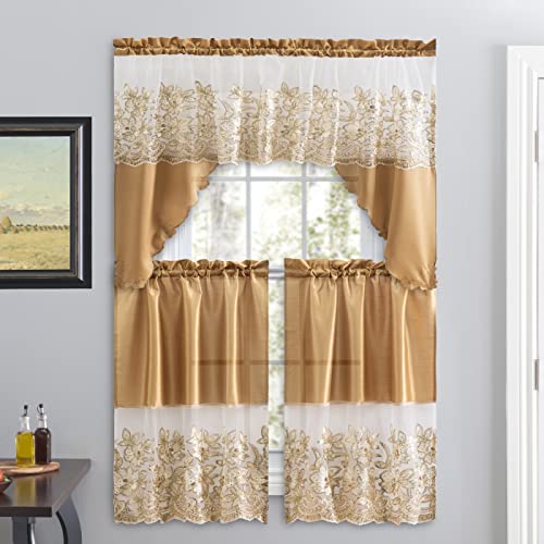 American Linen 3 Piece Sequin Embroidered Window Curtain Set – Valance and Tiers – Kitchen, Living Room, or Bathroom Curtains - Image 1