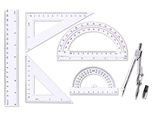 oxe Student Math Geometry Set,Drawing Compass 4 Inch and 6 Inch Clear Math Protractor Triangle Ruler 30/60 45/90 Degree and 8 Inch Ruler,Set of 6 Pcs - Image 1
