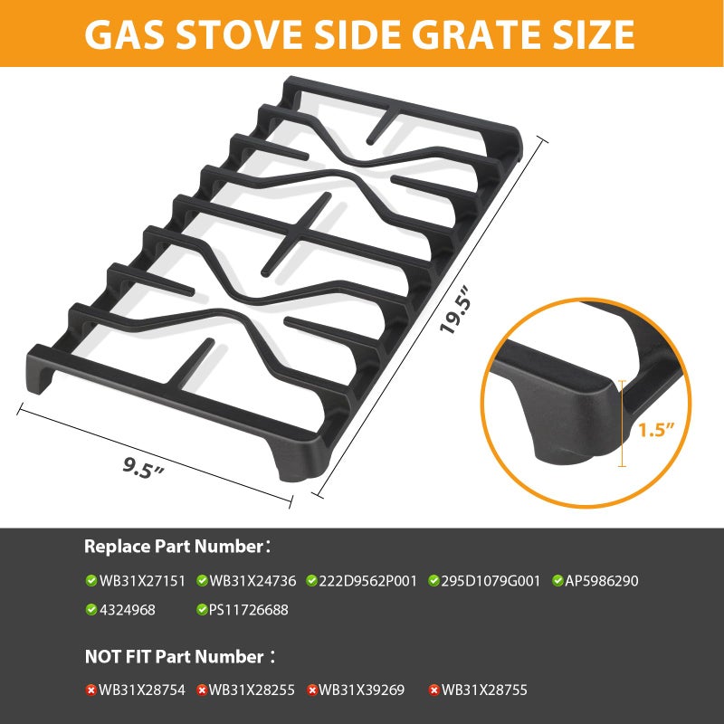 FlameDuty Upgraded WB31X27151 Side Stove Grate Replacement for Ge General Electric Stove Parts,WB31X24736 Cast Iron Burner Cooking Grate Rack for General Electric JGBS66REKSS JGB735SPSS Stove Rack,2 Pack - Image 2