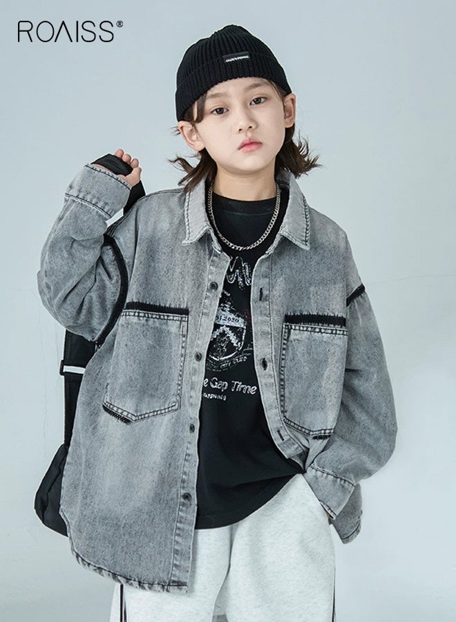 رويس سترة جينز للأولاد، قميص أنيق بأزرار و 2 جيوب على الصدر، سترة قميص فضفاضة عصرية، قميص بأكمام طويلة للأولاد، مناسب للارتداء اليومي والمدرسة والأنشطة الخارجية - Image 1