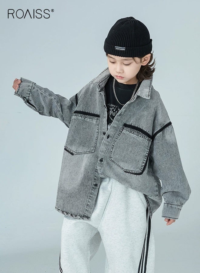 رويس سترة جينز للأولاد، قميص أنيق بأزرار و 2 جيوب على الصدر، سترة قميص فضفاضة عصرية، قميص بأكمام طويلة للأولاد، مناسب للارتداء اليومي والمدرسة والأنشطة الخارجية - Image 2