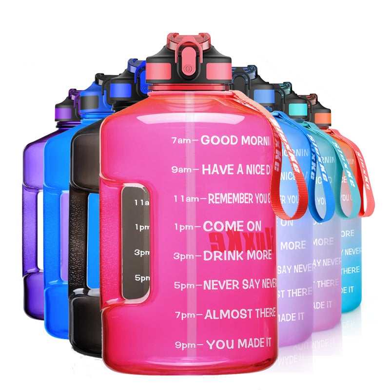 SLUXKE 1 Gallon Water Bottle with Time Marker BPA Free Motivational, 128oz Leak Proof Water Bottle Jug with Handle and Straw Pink - Image 1